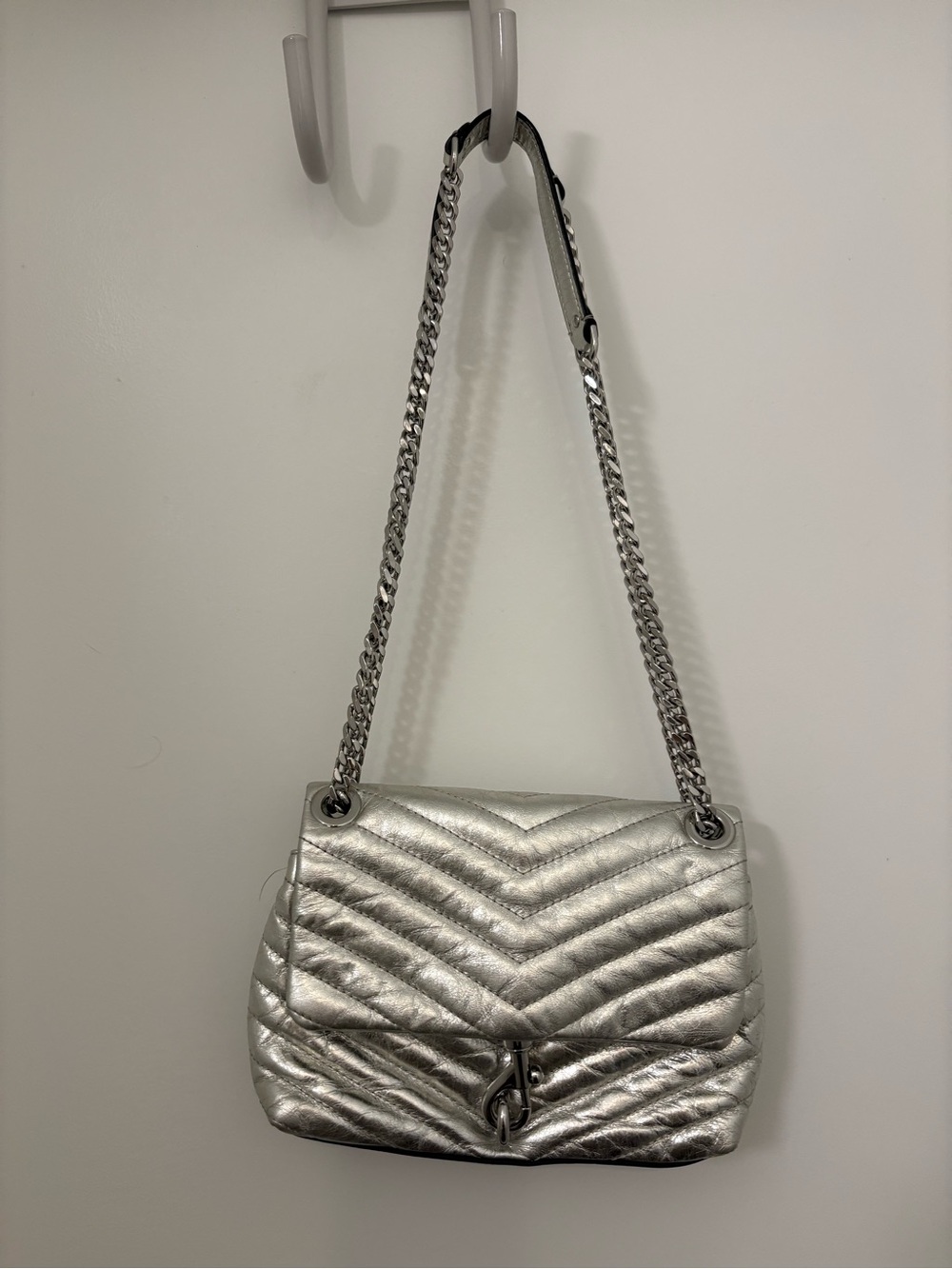 Rebecca Minkoff Metallic Silver Quilted Shoulder Bag with Chain Strap